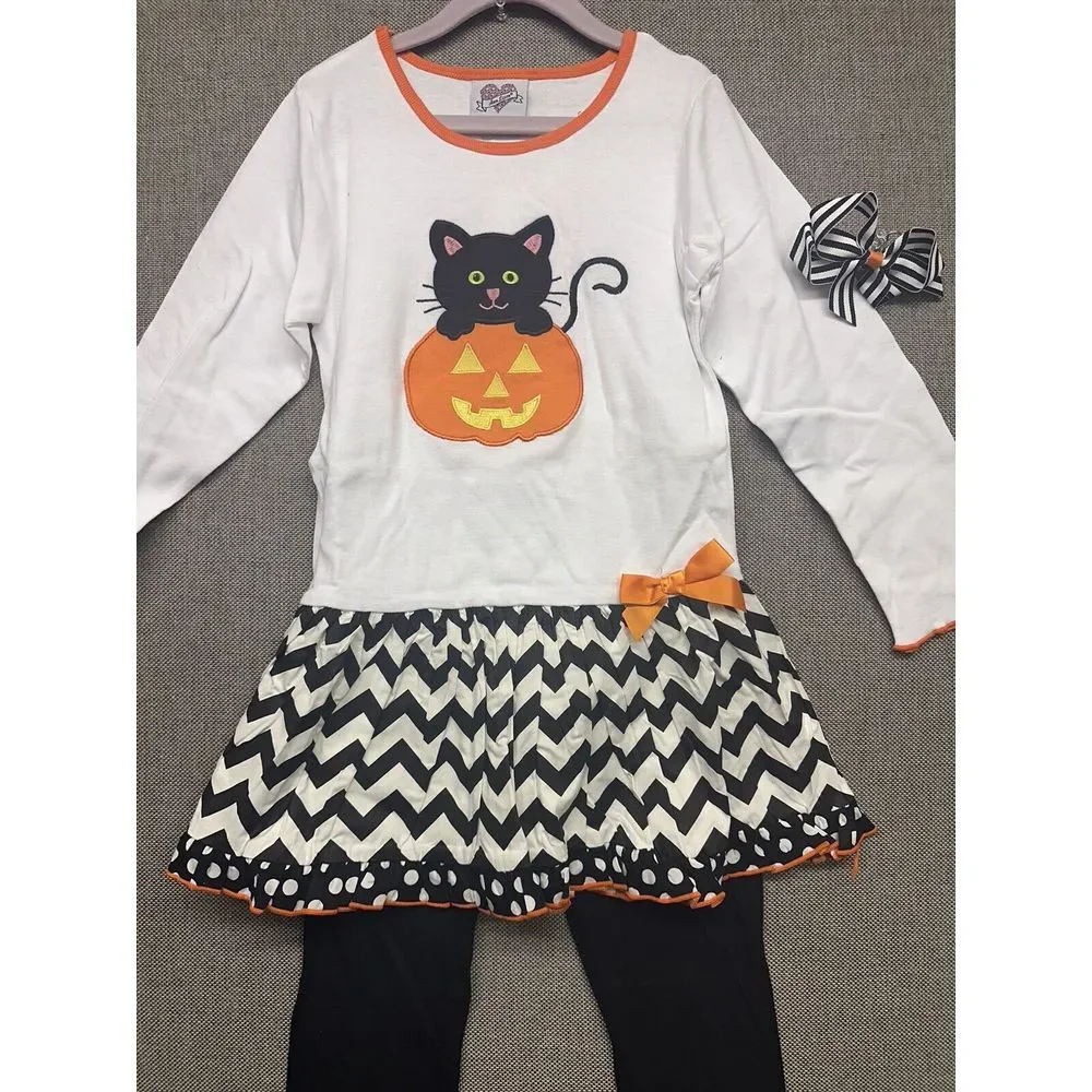 BNWT Ann Loren Halloween Black Cat In Pumpkin‎ Dress Pants Set Girls Size 7/8